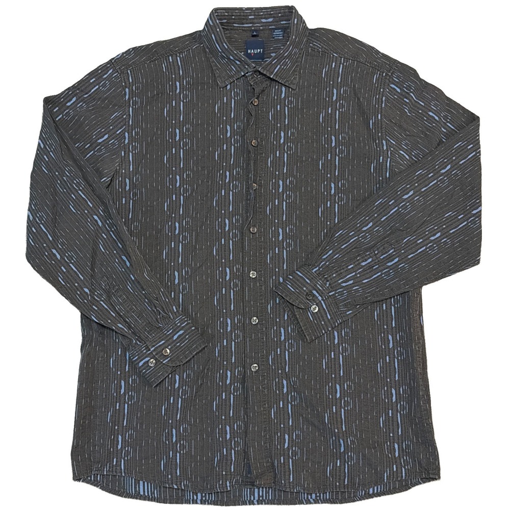 Haupt Men's L 41/42 - 16.5 Geo Stripe Long Sleeve Gray Blue Button Up Shirt